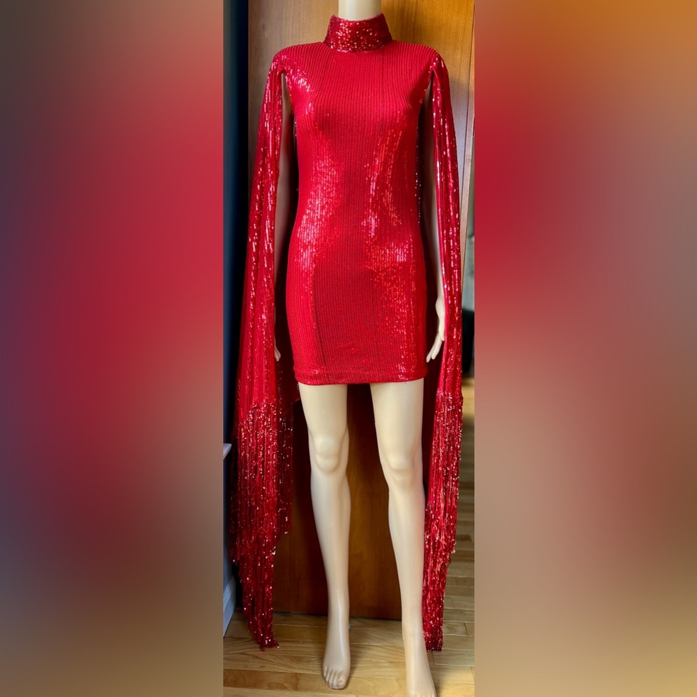 RICHARD DEMETER One Of A Kind Red Sequined Dress With Waterfall Sleeves Size XS - Picture 4 of 14